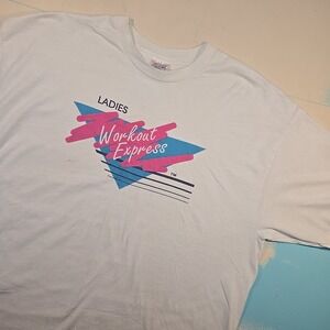 VTG 90s XL Ladies Workout Express T-Shirt Single Stitch Neon Gym 50/50 Hanes Tee